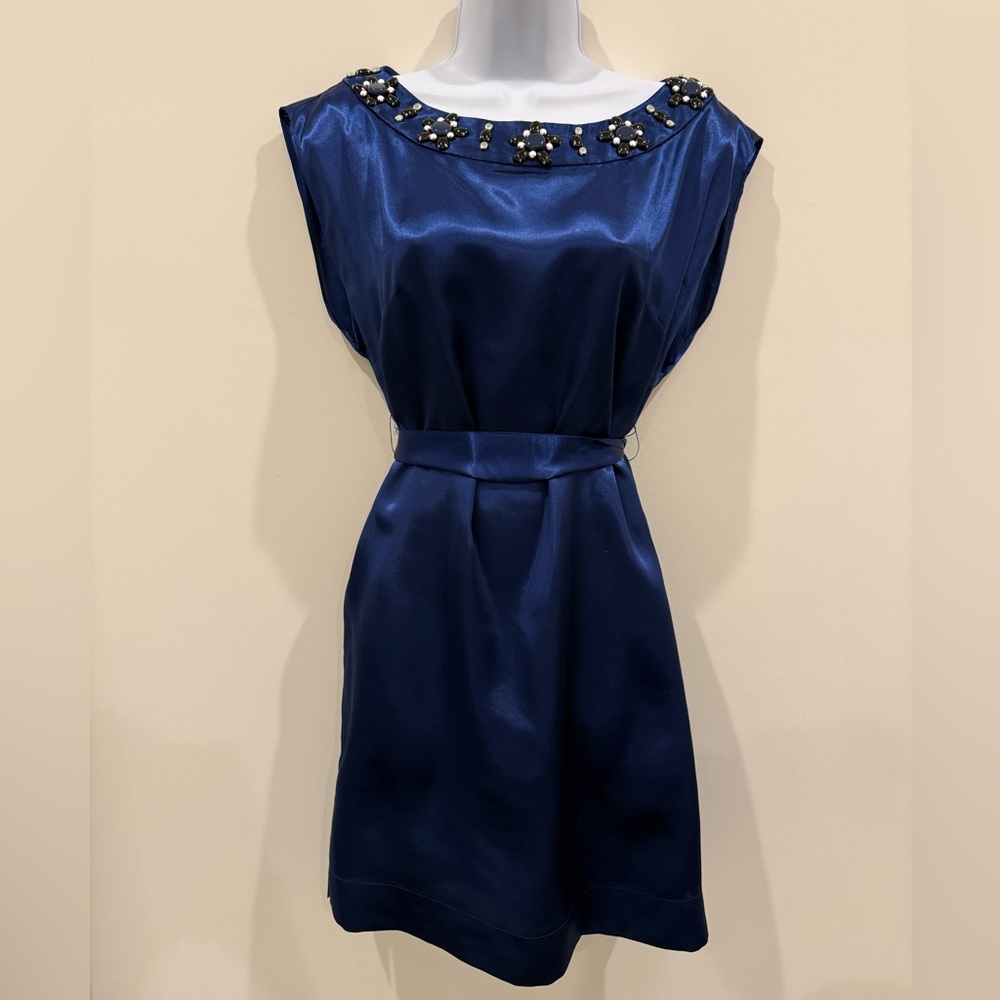 Laundry by Shelli Segal Navy Blue Satin Dress with Embellished Neckline